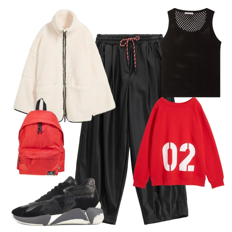 Outfit donna - Spirito outdoor. Stile Urban per Tutti i giorni. Abbinamento con blazer, felpe, top, pantaloni a palazzo, sneakers alte, zaini.