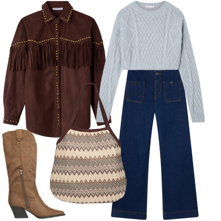 Outfit donna - Cow-girl style. Stile Sporty chic per Tutti i giorni. Abbinamento con jeans, camicie, maglieria, stivali, borse tote.