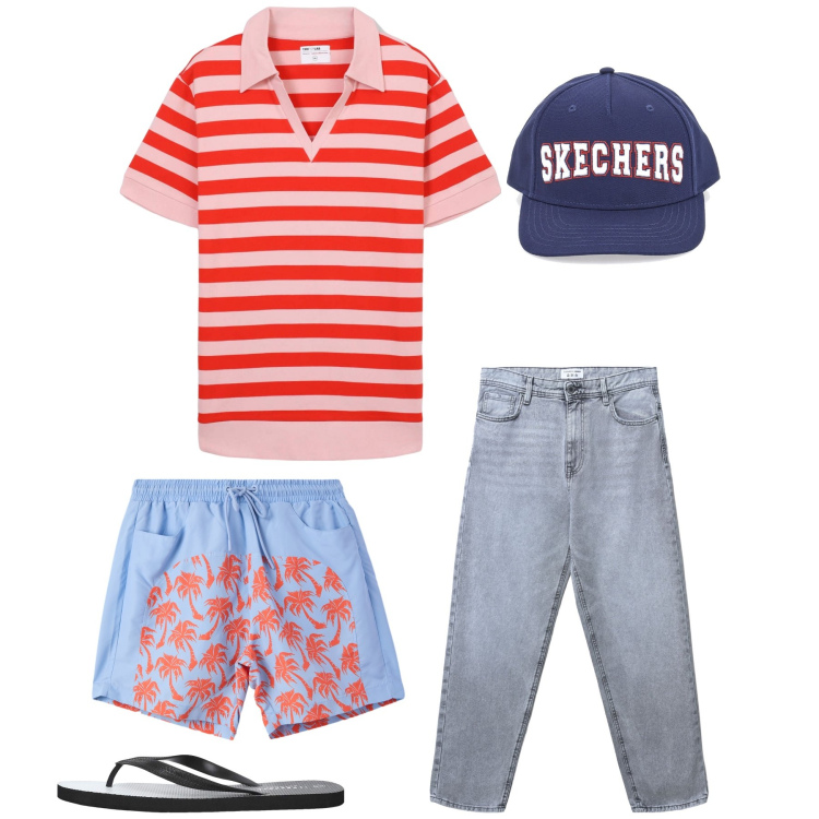Outfit uomo - Retro Summer Pop. Stile Urban per Tutti i giorni. Abbinamento con sandali, jeans, t-shirt, costumi, cappelli.