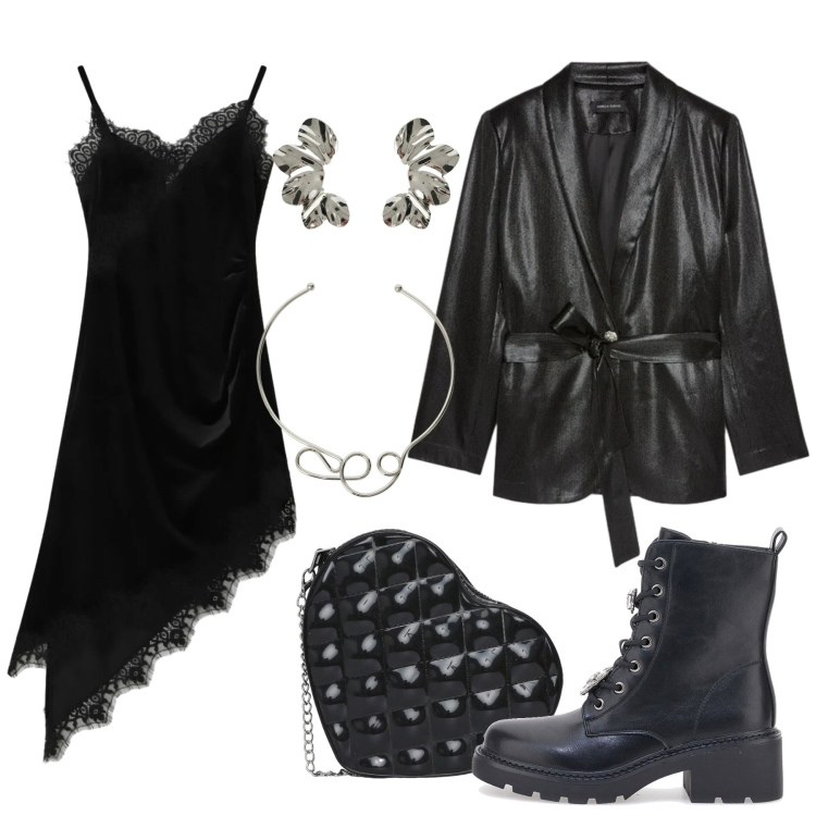 Outfit donna - Abito a sottoveste. Stile Glamour per Tutti i giorni. Abbinamento con vestiti asimmetrici, borse a tracolla, blazer, collane, orecchini, anfibi.