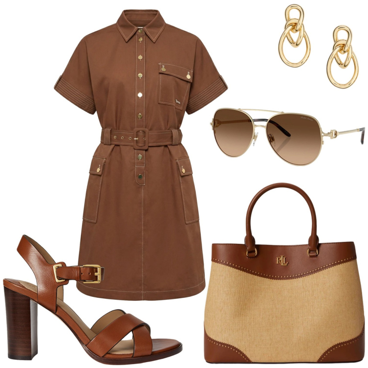 Outfit donna - Il mio colore preferito. Stile Casual chic per Tutti i giorni. Abbinamento con vestiti chemisier, sandali in pelle, borse a mano, occhiali da sole, orecchini.