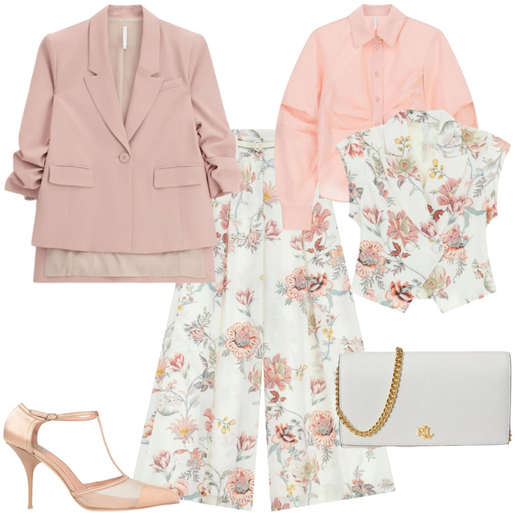 Outfit donna - Romantica cerimonia evento speciale. Stile Romantica per Cerimonia. Abbinamento con décolleté, pantaloni a palazzo, blazer, gilet, camicie, borse a tracolla.