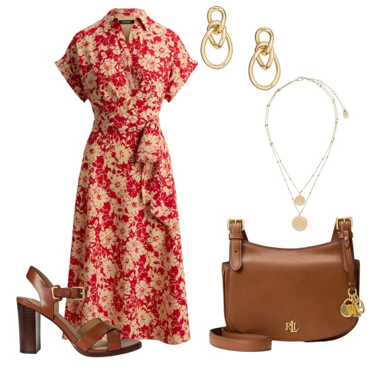 Outfit donna - Il Look "Sempreverde" in Rosso e Cuoio. Stile Romantica per Tutti i giorni. Abbinamento con vestiti chemisier, ciondoli, sandali in pelle, orecchini, borse a tracolla.