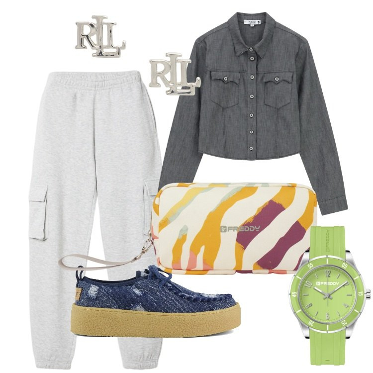 Outfit donna - Spring-reen. Stile Urban per Tutti i giorni. Abbinamento con pantaloni, orologi, valigie, camicie, orecchini, scarpe stringate.