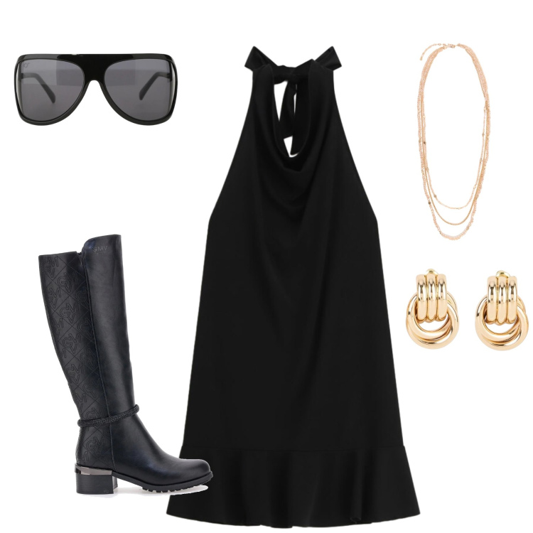 Outfit donna - Noir Glamour. Stile Glamour per Tutti i giorni. Abbinamento con orecchini, occhiali da sole, collane, vestiti corti, stivali sopra il ginocchio.