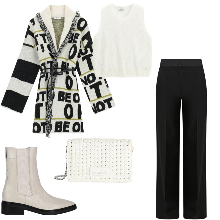 Outfit donna - Total look. Stile Casual per Tutti i giorni. Abbinamento con stivaletti chelsea, borse a tracolla, cardigans, maglieria, pantaloni a palazzo.