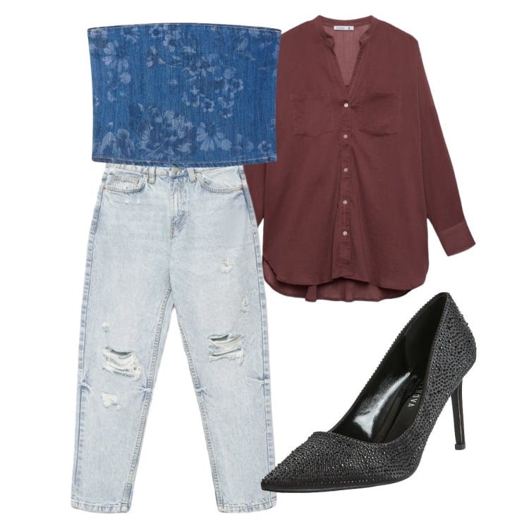 Outfit donna - Jeans desert code. Stile Etnico per Tutti i giorni. Abbinamento con camicie, top, décolleté, jeans mom.