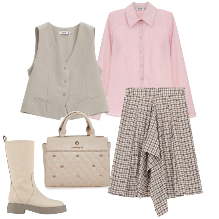 Outfit donna - Il Fascino del Pastel & Plaid. Stile Preppy per Tutti i giorni. Abbinamento con stivali, gonne longuette, camicie, gilet, borse a mano.