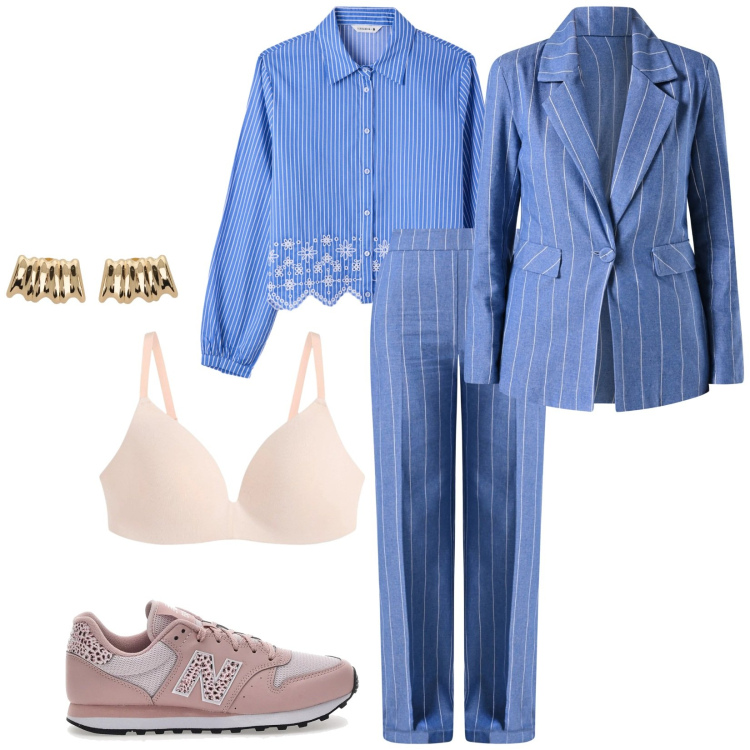 Outfit donna - Total look #2354096. Stile Casual per Ufficio. Abbinamento con reggiseni, camicie, orecchini, pantaloni, blazer, sneakers.