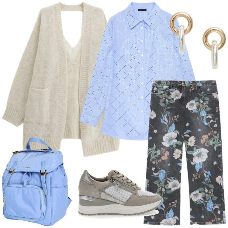 Outfit donna - Total look #2354100. Stile Casual per Tutti i giorni. Abbinamento con zaini, jeans, camicie, cardigans, orecchini, scarpe stringate.