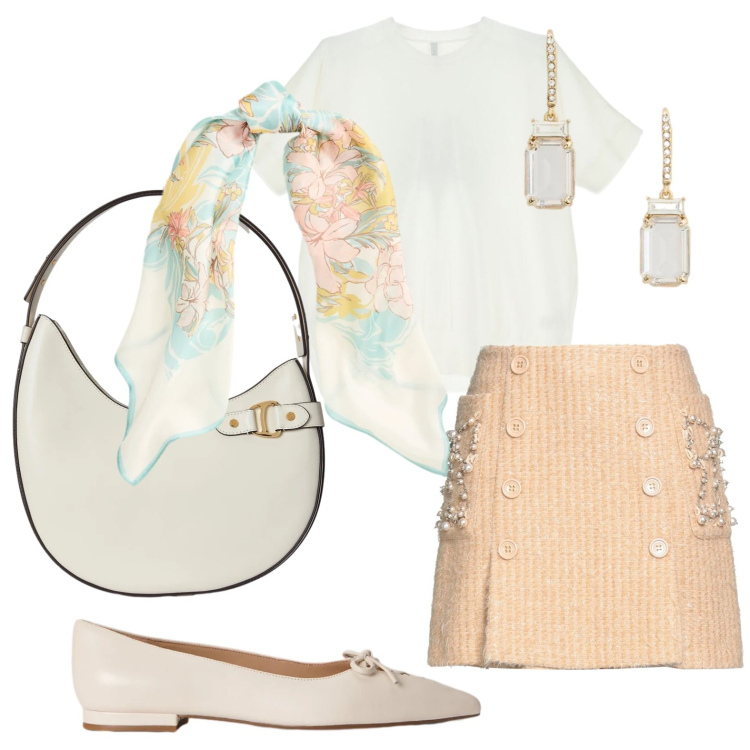 Outfit donna - \'60 colori sorbetto. Stile Bon Ton per Tutti i giorni. Abbinamento con minigonne, t-shirt, borse a spalla, orecchini, foulard, ballerine.