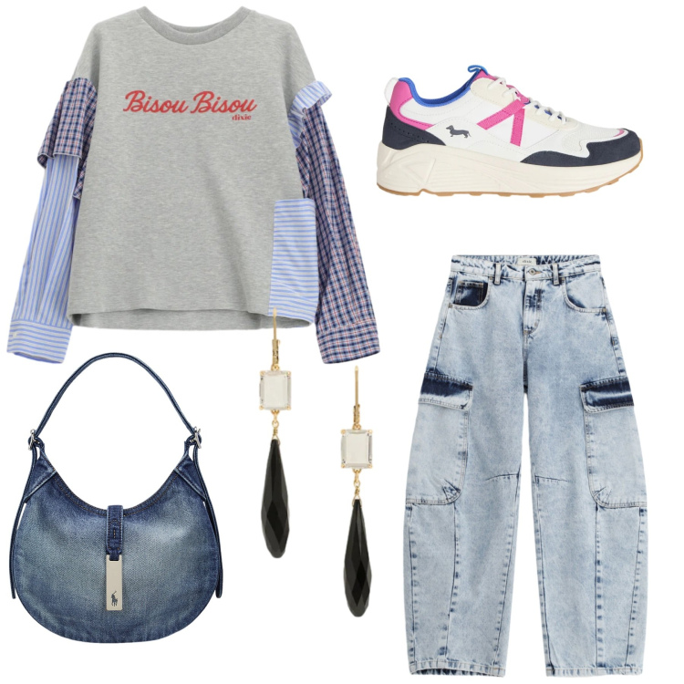 Outfit donna - Total look #2354102. Stile Casual chic per Tutti i giorni. Abbinamento con sneakers, jeans, felpe, borse a spalla, orecchini.