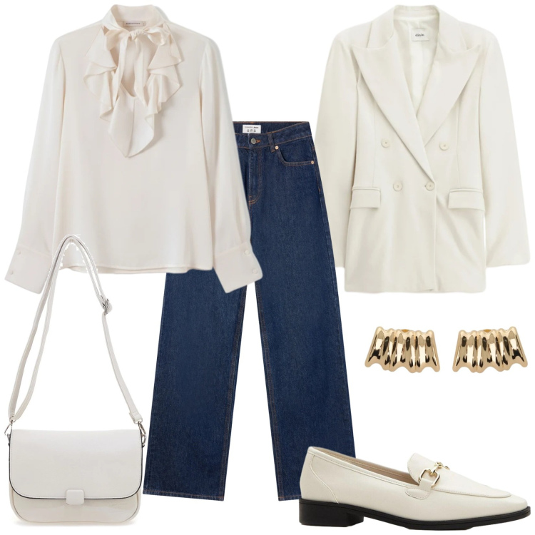 Outfit donna - Total look #2354103. Stile Casual per Ufficio. Abbinamento con mocassini, jeans, blazer, orecchini, bluse, borse a tracolla.