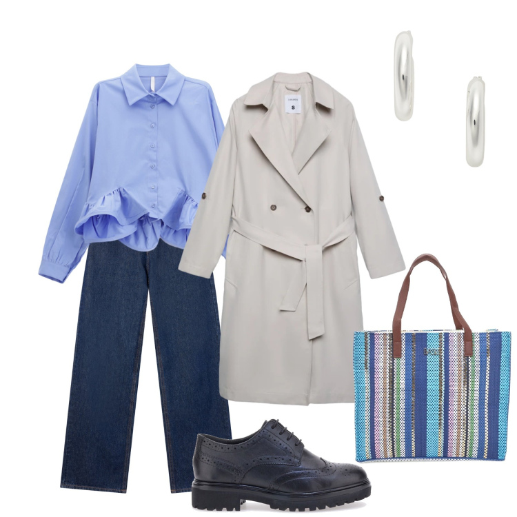 Outfit donna - La rouche. Stile Basic per Ufficio. Abbinamento con trench, jeans, camicie, orecchini, shopping bag, scarpe stringate.