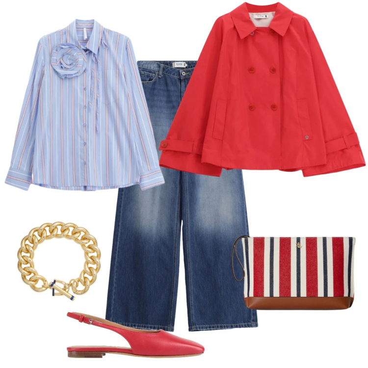 Outfit donna - Woman in red. Stile Glamour per Serata fuori. Abbinamento con ballerine, camicie, giacche, jeans, braccialetti, pochette.