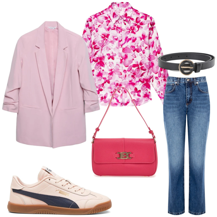 Outfit donna - Total look #2354107. Stile Romantica per Ufficio. Abbinamento con cinture, camicie, blazer, jeans boyfriend, sneakers, borse a spalla.
