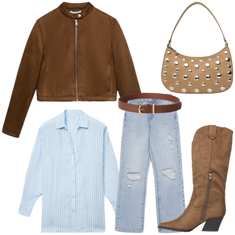 Outfit donna - Terranova - Desert Code. Stile Casual per Tutti i giorni. Abbinamento con giacche, camicie, borse a tracolla, cinture, stivali, jeans strappati.