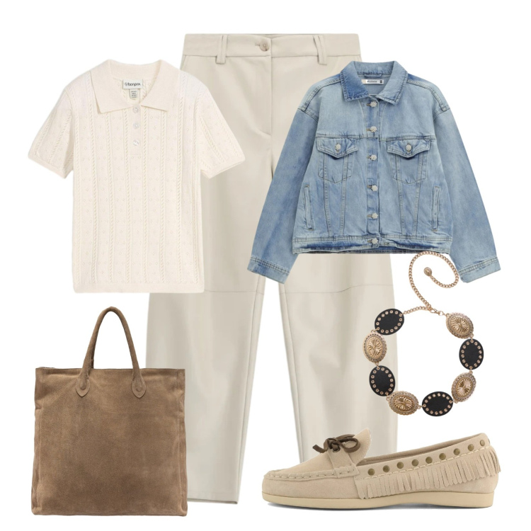 Outfit donna - Bantoa printemp/été. Stile Casual per Tutti i giorni. Abbinamento con t-shirt, pantaloni, cinture, blazer, borse a mano, mocassini.