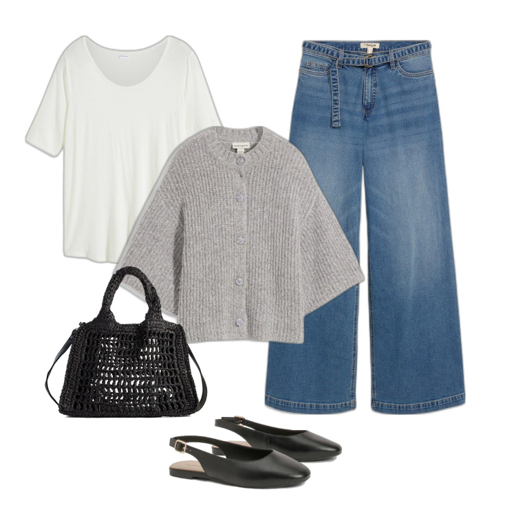 Outfit femme - Tshirt blanc basique. Style Basique pour Tous les jours. Assortir avec t-shirts, jeans, pulls, sacs en bandoulière, ballerines.