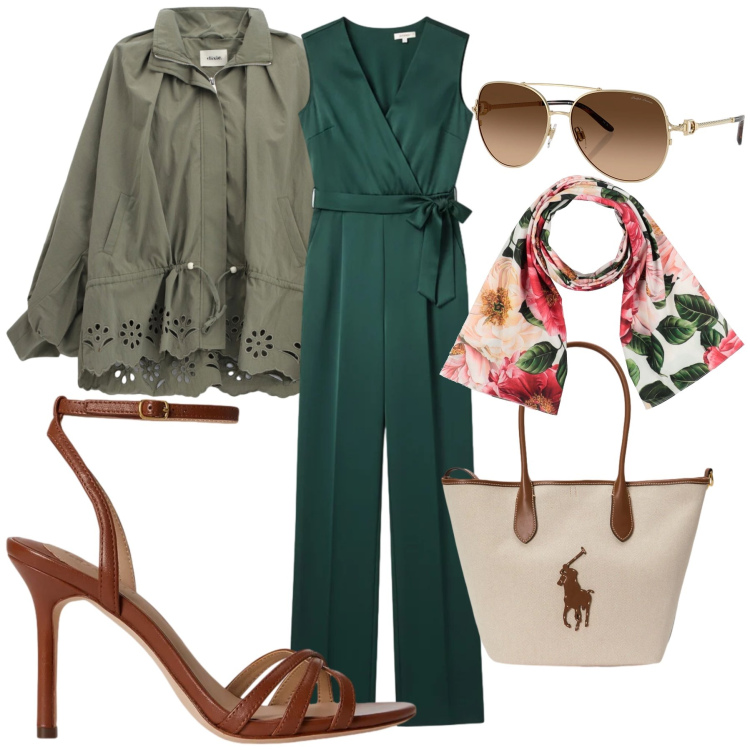 Outfit donna - Verde e marron. Stile Chic per Tutti i giorni. Abbinamento con sciarpe, parka, tute, sandali in pelle, occhiali da sole, borse tote.