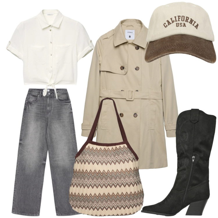 Outfit donna - Terranova - Desert Code. Stile Casual per Tutti i giorni. Abbinamento con trench, cappelli con visiera, stivali, camicie a manica corta, jeans, borse tote.