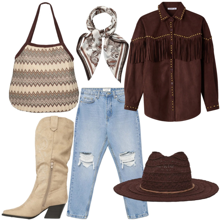 Outfit donna - Terranova - Desert Code. Stile Minimal per Tutti i giorni. Abbinamento con jeans mom, foulard, stivali, camicie, cappelli, borse tote.