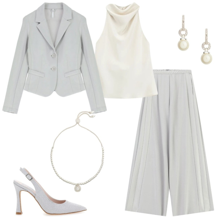 Outfit donna - Total look #2354118. Stile Chic per Cerimonia. Abbinamento con blazer, pantaloni a palazzo, top, braccialetti, orecchini, décolleté.
