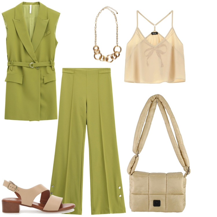 Outfit donna - Aperitivo primaverile. Stile Casual chic per Tutti i giorni. Abbinamento con pantaloni, gilet, collane, top, borse a spalla, sandali in pelle.