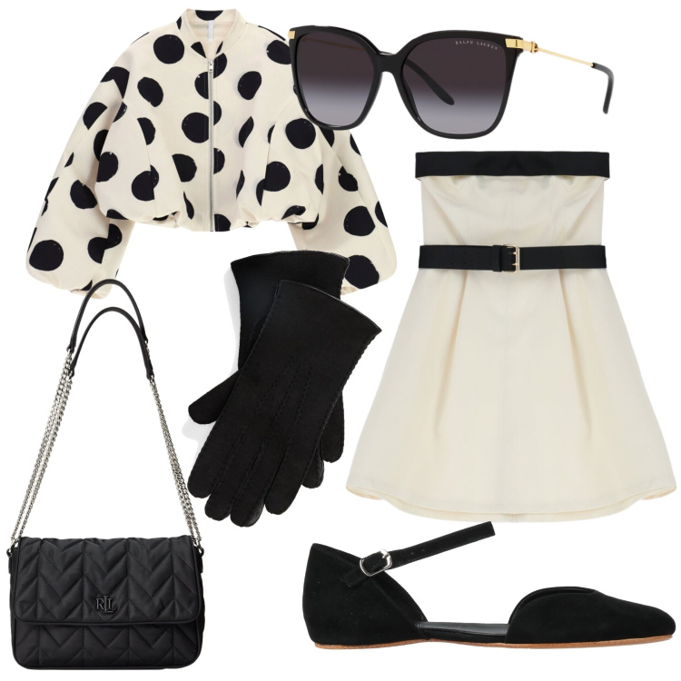 Outfit donna - Lol. Stile Glamour per Serata fuori. Abbinamento con ballerine, guanti, vestiti corti, bomber, occhiali da sole, borse a tracolla.