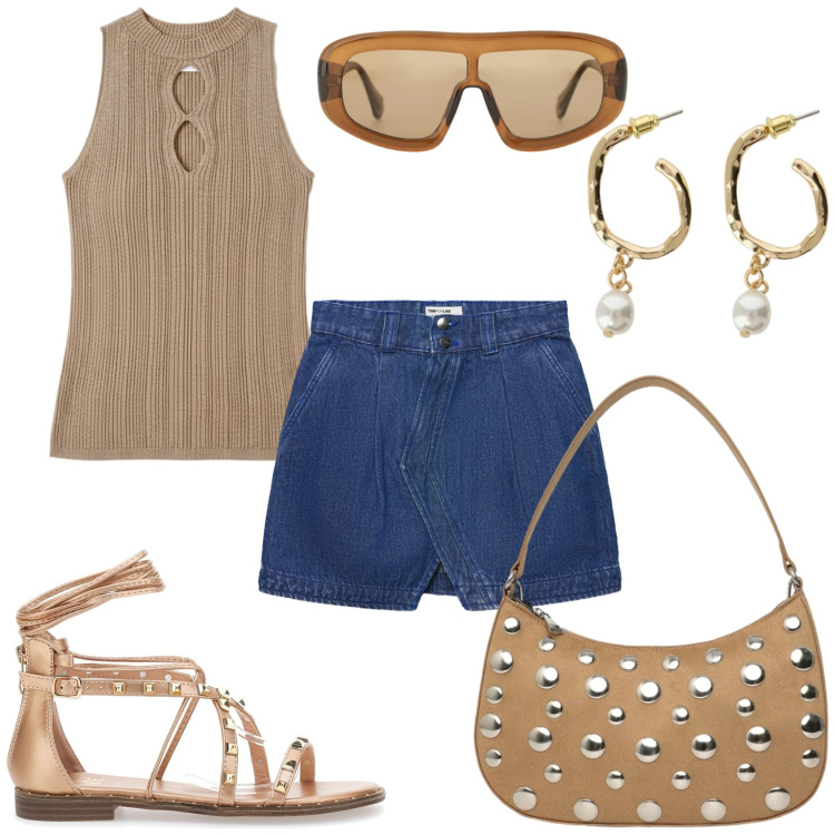 Outfit donna - Pomeriggio giovanile. Stile Casual chic per Tutti i giorni. Abbinamento con minigonne, borse a tracolla, occhiali da sole, orecchini, top, sandali alla schiava.