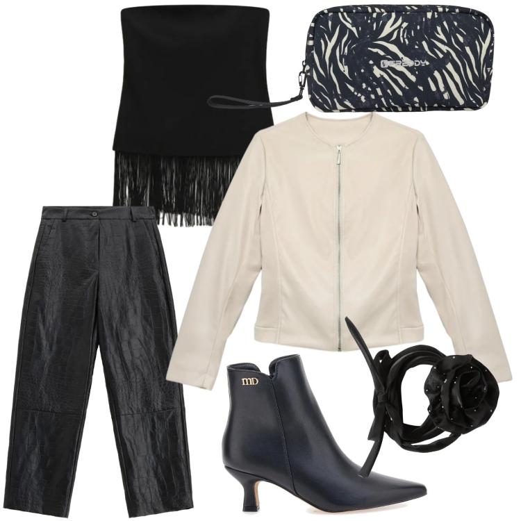 Outfit donna - Top urban. Stile Urban per Serata fuori. Abbinamento con giacche, collane, valigie, top, pantaloni, stivaletti.