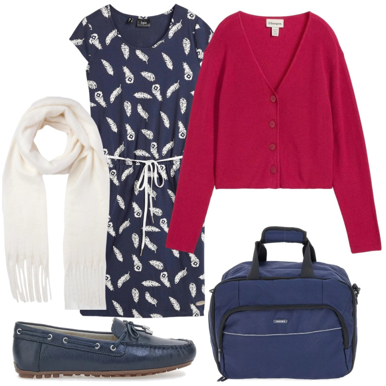 Outfit donna - Mocassini navy. Stile Minimal per Tutti i giorni. Abbinamento con vestiti, cardigans, sciarpe, mocassini, zaini.