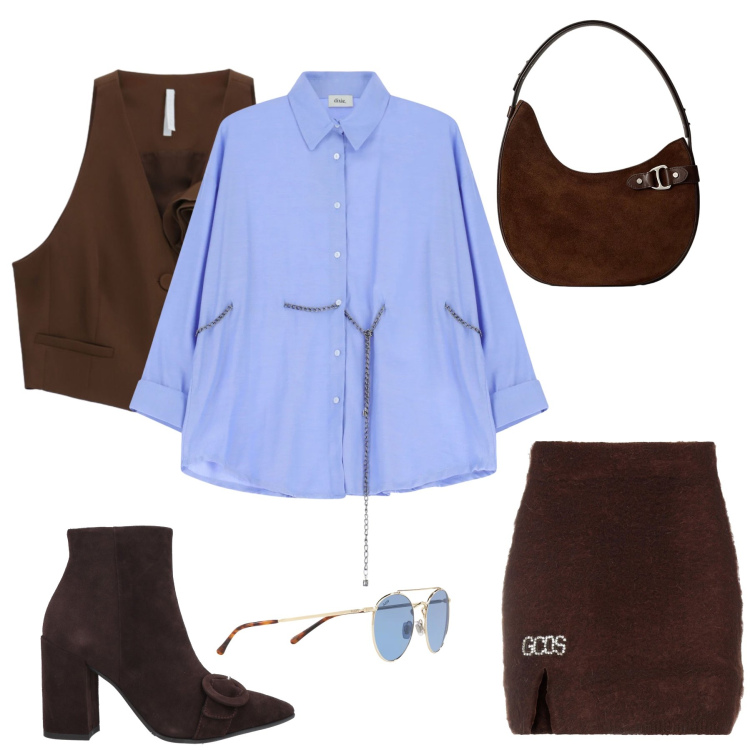 Outfit donna - Azure & Chocolate. Stile Trendy per Tutti i giorni. Abbinamento con stivaletti, minigonne, gilet, camicie, borse a spalla, occhiali da sole.