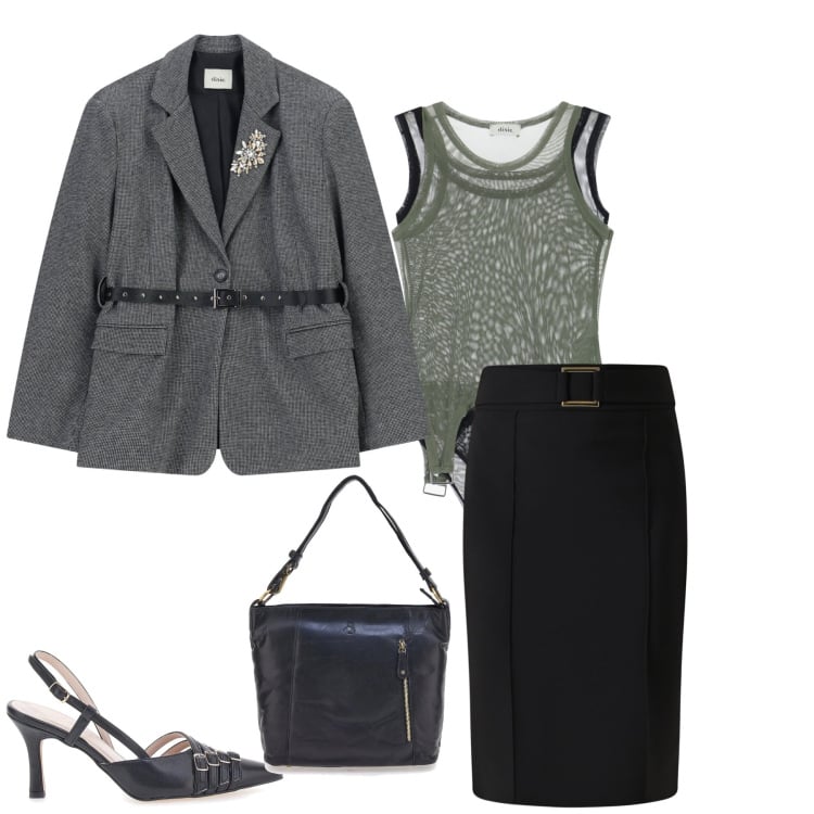 Outfit donna - Urban Noir. Stile Trendy per Tutti i giorni. Abbinamento con gonne, body, blazer, décolleté, borse a spalla.