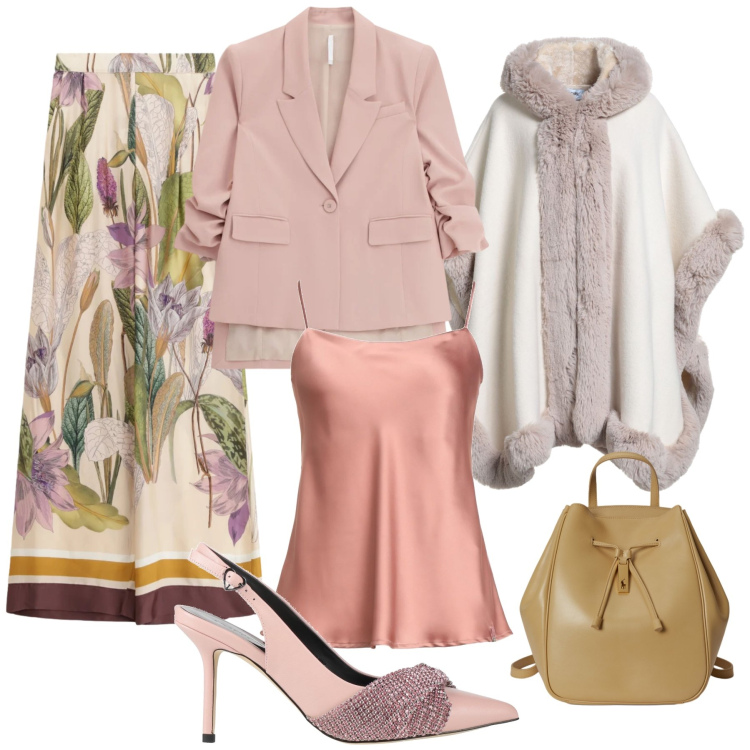 Outfit donna - Fiori. Stile Glamour per Serata fuori. Abbinamento con cappe, décolleté, top, blazer, pantaloni a palazzo, zaini.