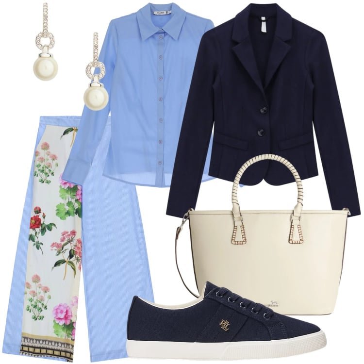 Outfit donna - Pantaloni con inserto floreale. Stile Minimal per Tutti i giorni. Abbinamento con shopping bag, blazer, camicie, pantaloni a palazzo, sneakers, orecchini.