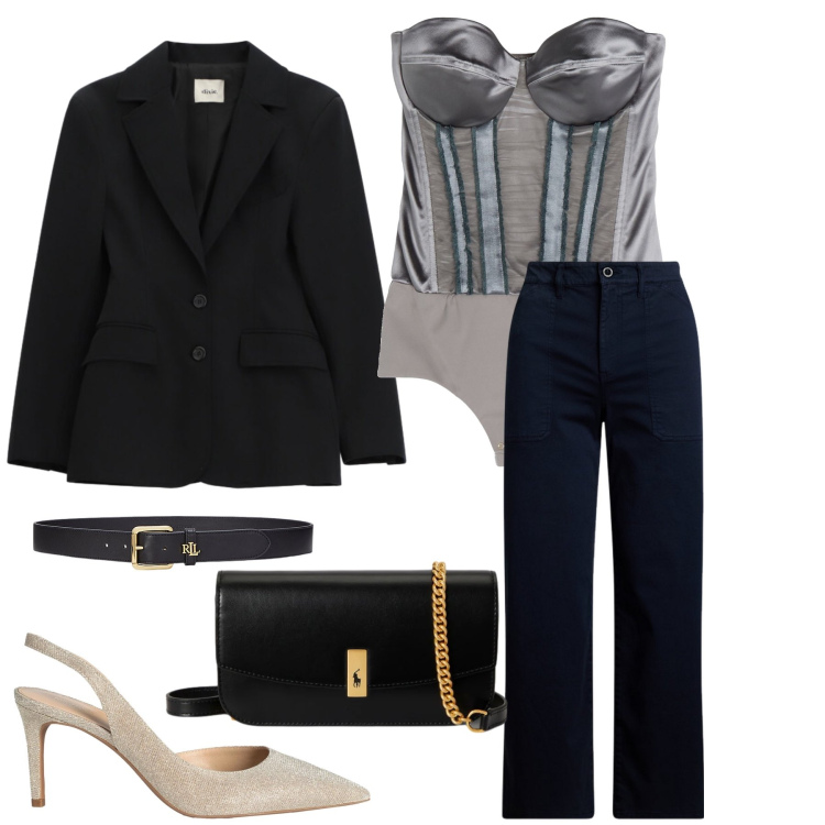Outfit donna - Il Corsetto Incontra il Sartoriale. Stile Glamour per Serata fuori. Abbinamento con body, décolleté, blazer, cinture, pantaloni, clutch.