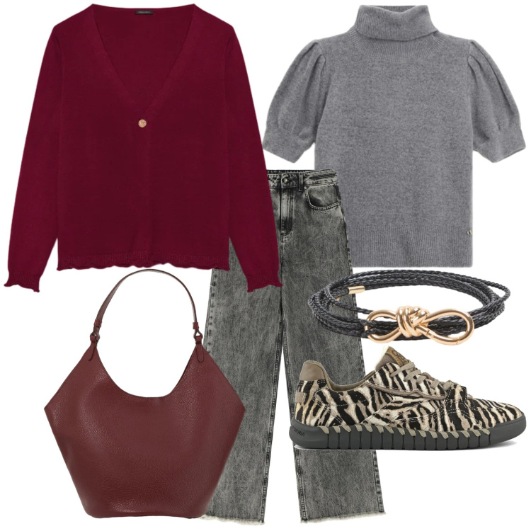 Outfit donna - Look chic e rilassato. Stile Urban per Tutti i giorni. Abbinamento con cinture, cardigans, jeans, maglieria, borse a spalla, sneakers.