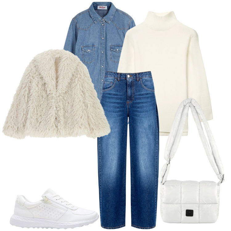 Outfit donna - Total look #2354148. Stile Casual chic per Tutti i giorni. Abbinamento con camicie, sneakers, maglieria, ecopellicce, jeans, borse a spalla.