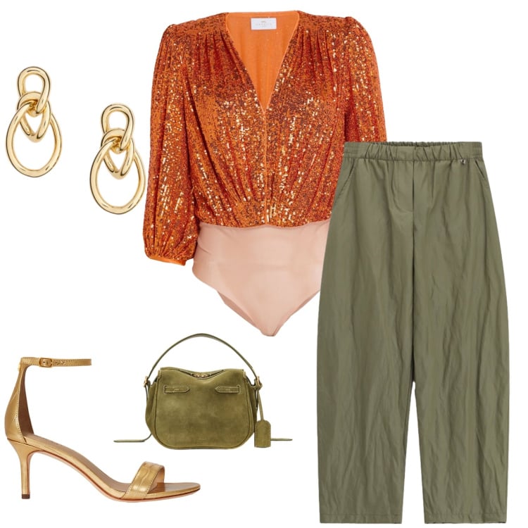 Outfit donna - Sunset Glow. Stile Glamour per Serata fuori. Abbinamento con body, borse a mano, sandali in pelle, orecchini, pantaloni a palazzo.