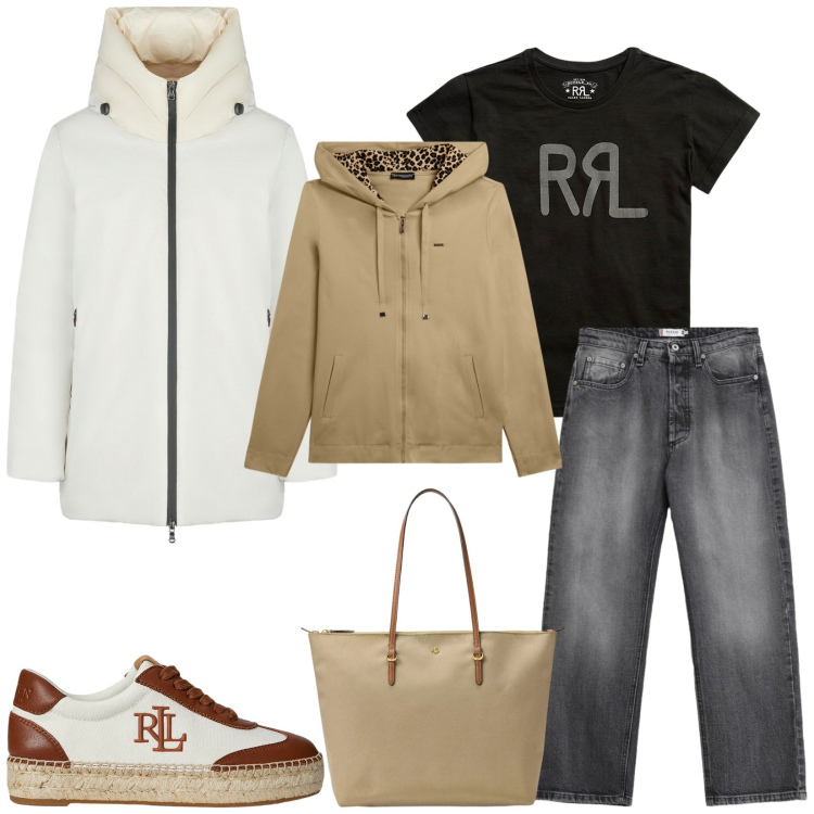 Outfit donna - Total look #2354152. Stile Casual per Tutti i giorni. Abbinamento con jeans, felpe con cappuccio, eskimo, sneakers, borse tote, t-shirt.