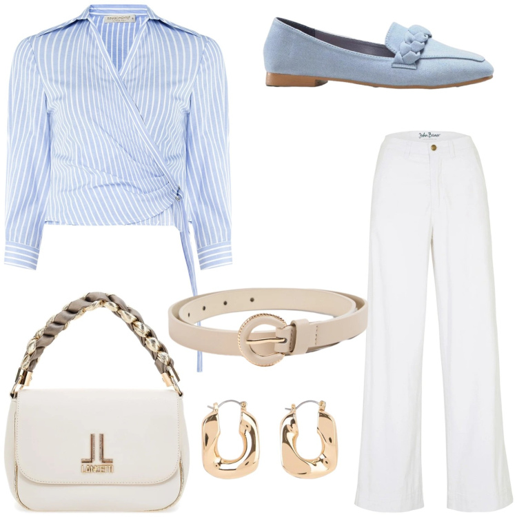 Outfit donna - Classy outfit. Stile Chic per Tutti i giorni. Abbinamento con jeans, mocassini, orecchini, cinture, camicie, borse a tracolla.