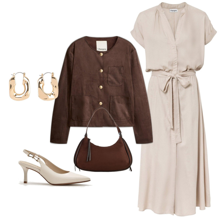 Outfit femme - Printemps Chic. Style Chic pour Tous les jours. Assortir avec robes chemisier, sacs en bandoulière, blazers, boucles d'oreilles, chaussures à talon.