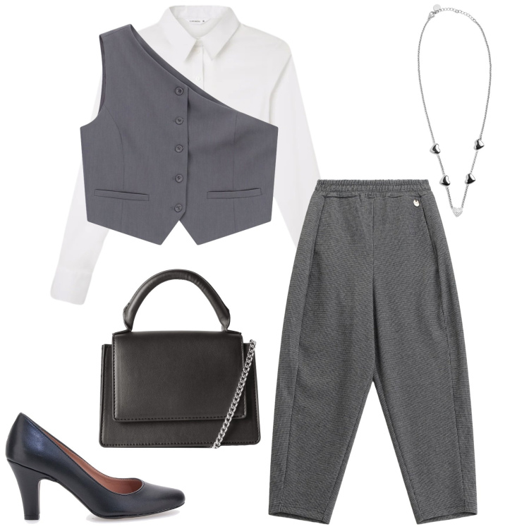 Outfit donna - L\'Asimmetria del Power Dressing. Stile Minimal per Tutti i giorni. Abbinamento con borse a tracolla, camicie, pantaloni, gilet, collane, décolleté.