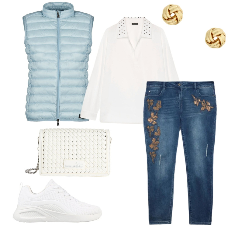 Outfit donna - Total look #2354157. Stile Casual chic per Tutti i giorni. Abbinamento con borse a tracolla, camicie, jeans skinny, piumini, orecchini, sneakers.