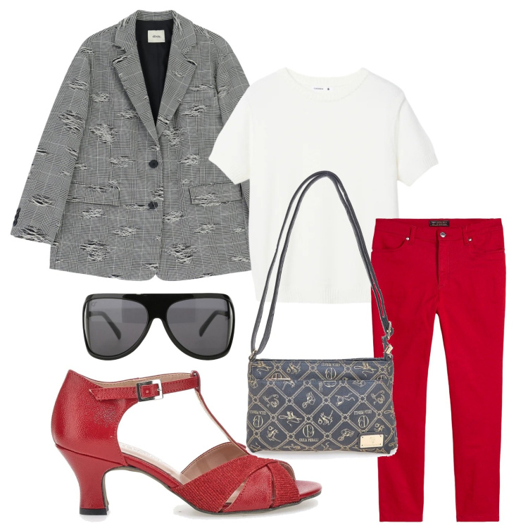 Outfit donna - Rosso ravviva look. Stile Urban per Tutti i giorni. Abbinamento con pantaloni, t-shirt, occhiali da sole, blazer, borse a tracolla, décolleté.