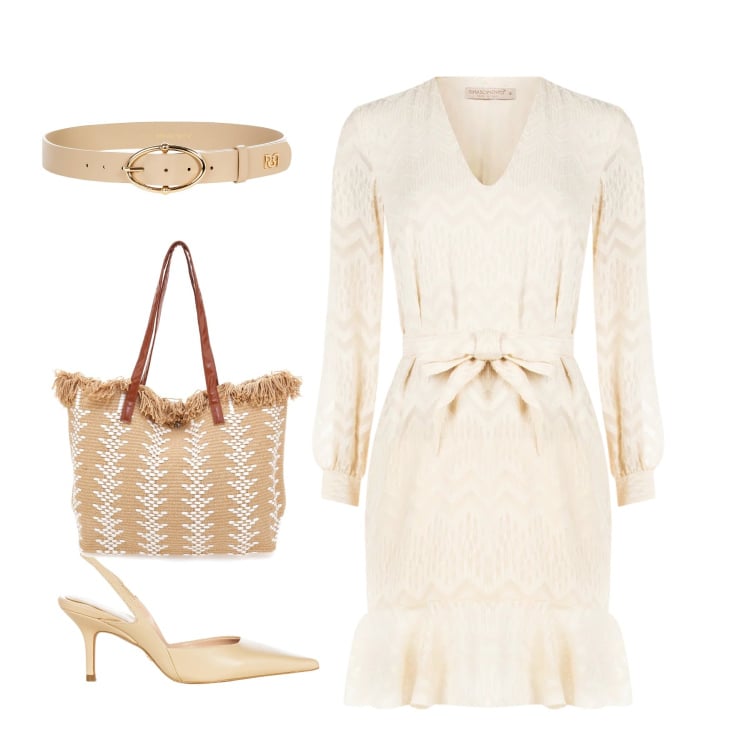 Outfit donna - Sabbia e Oro. Stile Glamour per Tutti i giorni. Abbinamento con cinture, décolleté, vestiti corti, borse a mano.