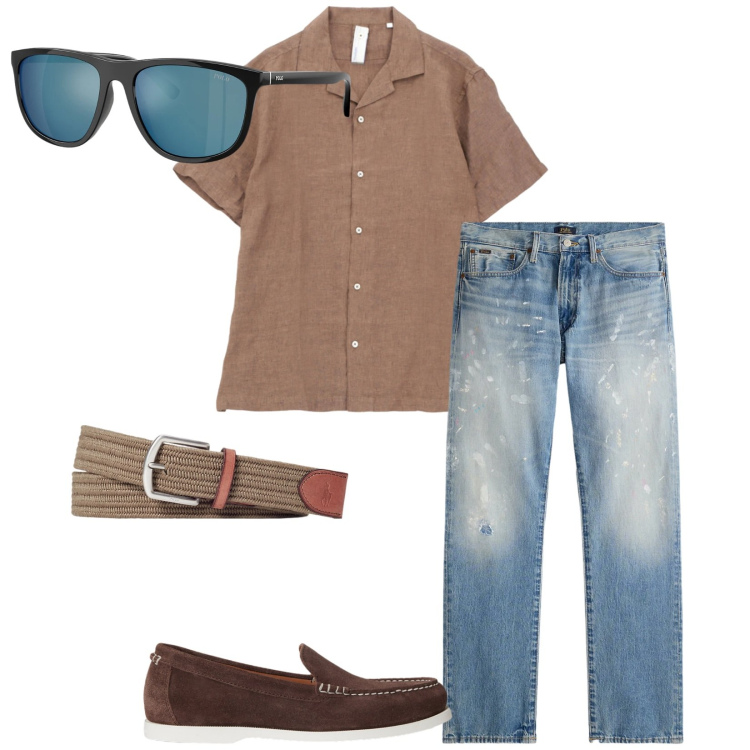 Outfit uomo - Total look #2354163. Stile Trendy per Tutti i giorni. Abbinamento con camicie a manica corta, cinture, jeans dritti, occhiali da sole, scarpe stringate.