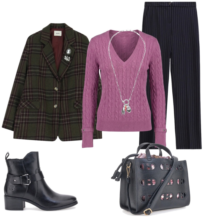 Outfit donna - Heritage & Mauve. Stile Casual chic per Scuola/Università. Abbinamento con pullovers, blazer, ciondoli, pantaloni, stivali sopra il ginocchio, borse a mano.