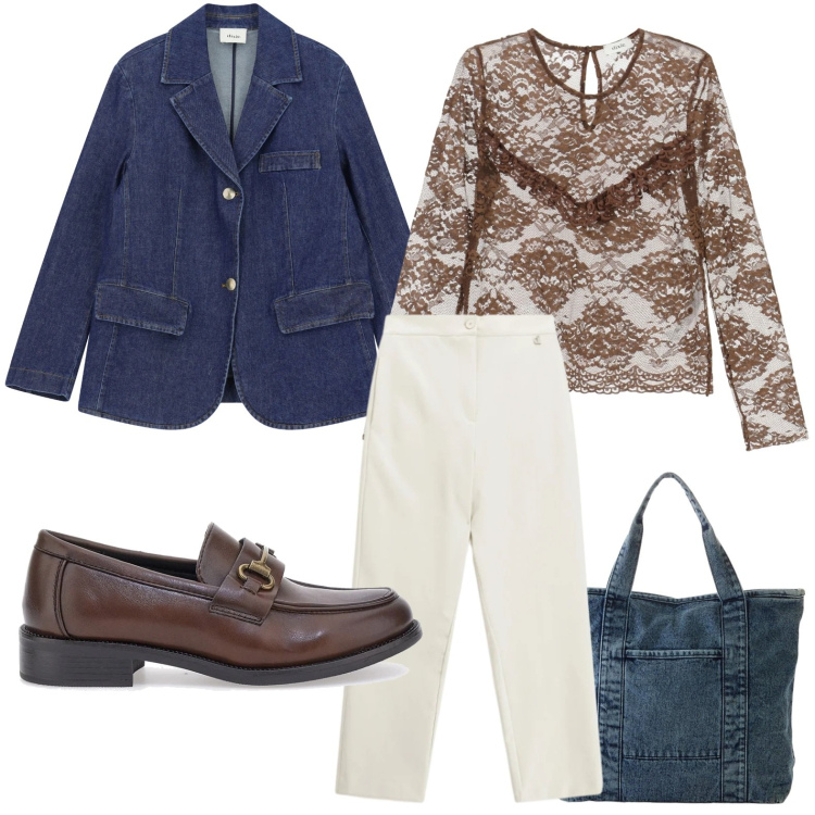 Outfit donna - Tra pizzi e trasparenze. Stile Basic per Tutti i giorni. Abbinamento con shopping bag, camicie, pantaloni, blazer, mocassini.